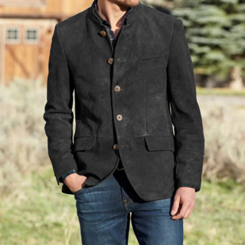 Suit For Men's Autumn Winter New 2022 Stand Collar Solid Color Single Row Five Button Suede Warm British Style Handsome Jacket