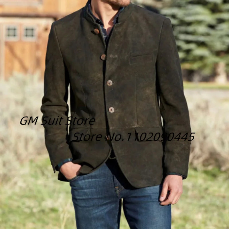 Suit For Men's Autumn Winter New 2022 Stand Collar Solid Color Single Row Five Button Suede Warm British Style Handsome Jacket