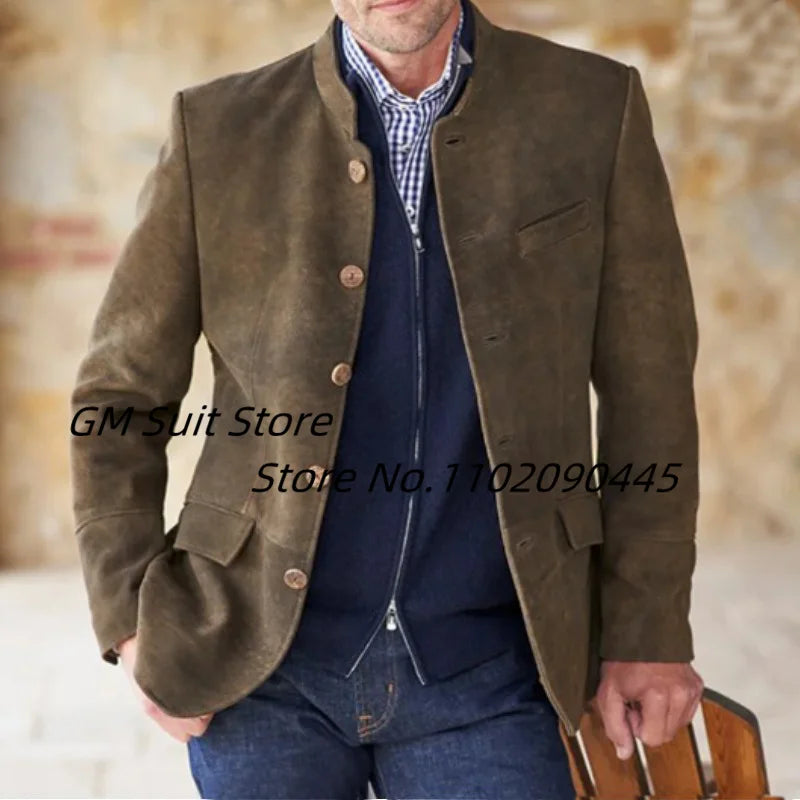 Suit For Men's Autumn Winter New 2022 Stand Collar Solid Color Single Row Five Button Suede Warm British Style Handsome Jacket