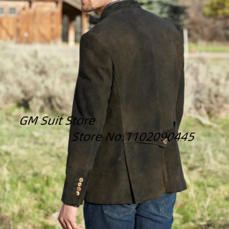 Suit For Men's Autumn Winter New 2022 Stand Collar Solid Color Single Row Five Button Suede Warm British Style Handsome Jacket