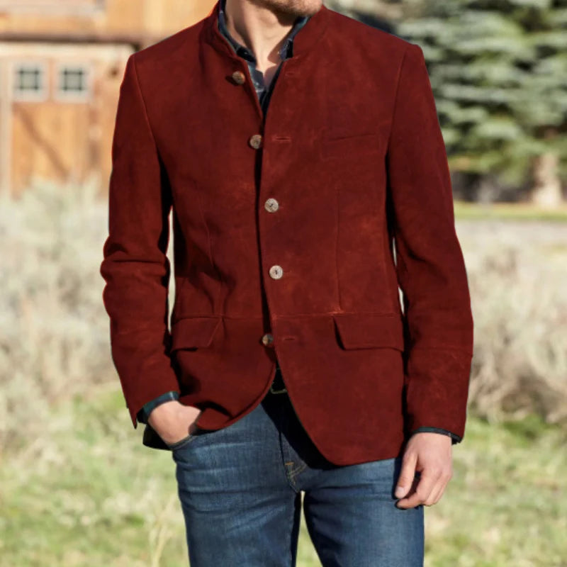 Suit For Men's Autumn Winter New 2022 Stand Collar Solid Color Single Row Five Button Suede Warm British Style Handsome Jacket