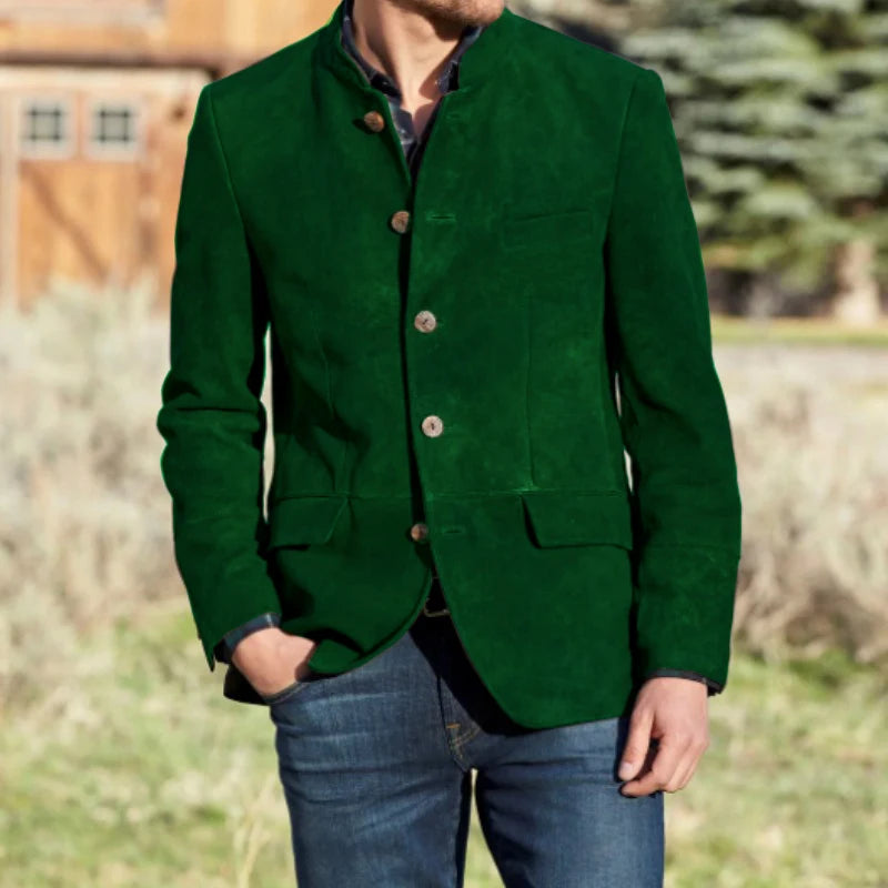 Suit For Men's Autumn Winter New 2022 Stand Collar Solid Color Single Row Five Button Suede Warm British Style Handsome Jacket