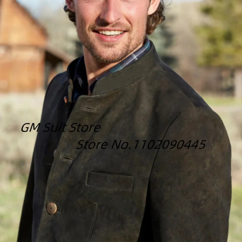 Suit For Men's Autumn Winter New 2022 Stand Collar Solid Color Single Row Five Button Suede Warm British Style Handsome Jacket