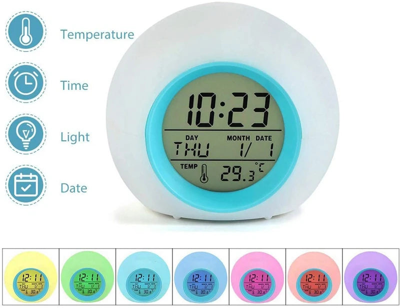 Kids Digital Alarm Clock 7 Color Night Light Snooze Temperature Detect Children Sleep Bedside Cute Wake Up Timer Alarm Clock