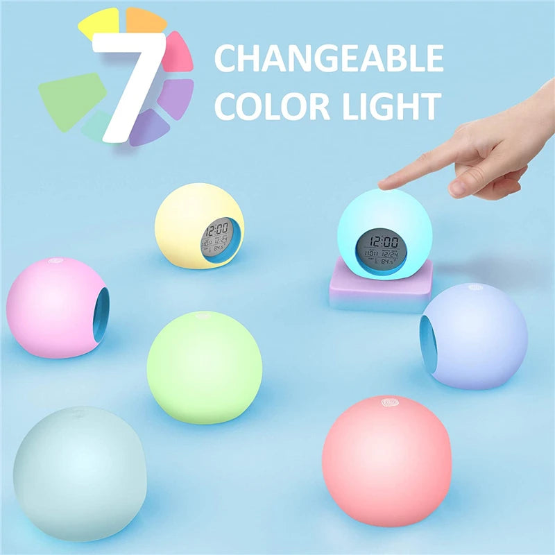 Kids Digital Alarm Clock 7 Color Night Light Snooze Temperature Detect Children Sleep Bedside Cute Wake Up Timer Alarm Clock