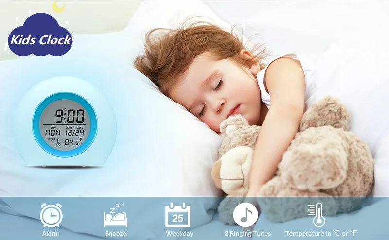 Kids Digital Alarm Clock 7 Color Night Light Snooze Temperature Detect Children Sleep Bedside Cute Wake Up Timer Alarm Clock