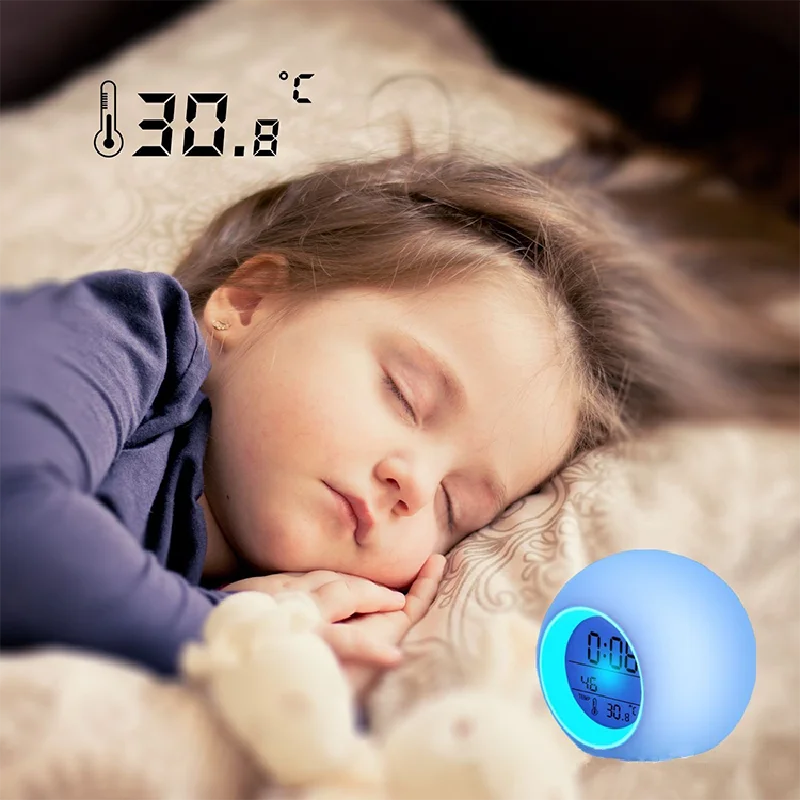Kids Digital Alarm Clock 7 Color Night Light Snooze Temperature Detect Children Sleep Bedside Cute Wake Up Timer Alarm Clock