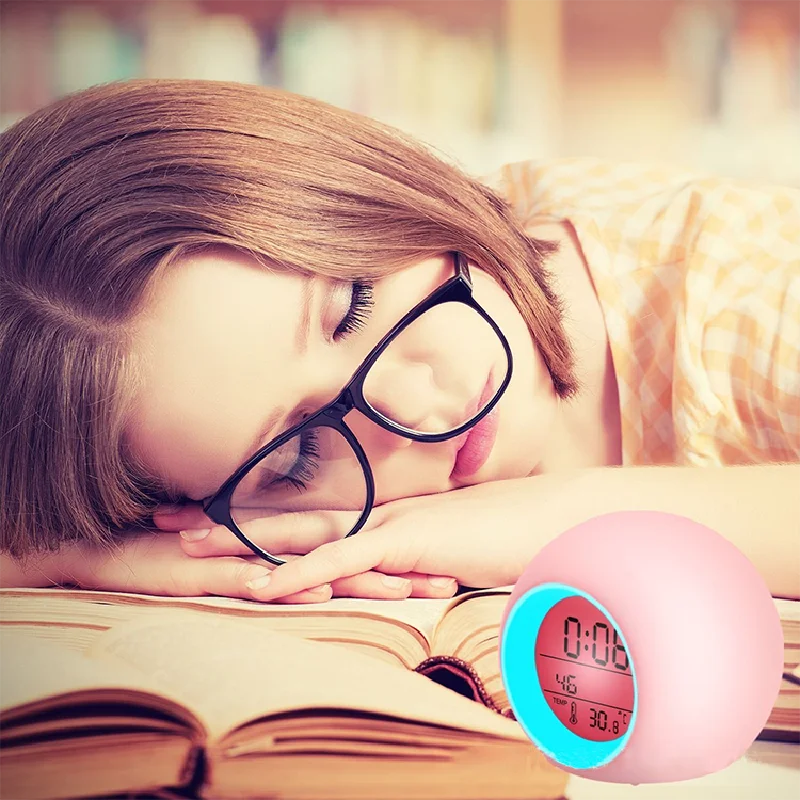 Kids Digital Alarm Clock 7 Color Night Light Snooze Temperature Detect Children Sleep Bedside Cute Wake Up Timer Alarm Clock