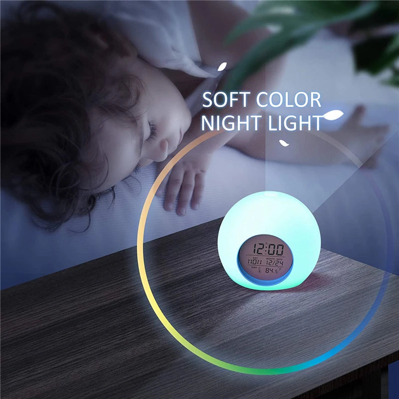Kids Digital Alarm Clock 7 Color Night Light Snooze Temperature Detect Children Sleep Bedside Cute Wake Up Timer Alarm Clock