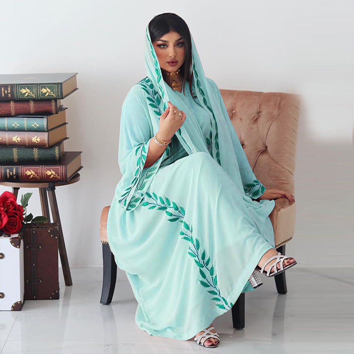 Eid Muslim Abaya for Women Embroidery Dress with Scarf 2 Piece Set Dubai Arab Long Robe Morocco Abayas Kaftan Headscarf Gorgeous