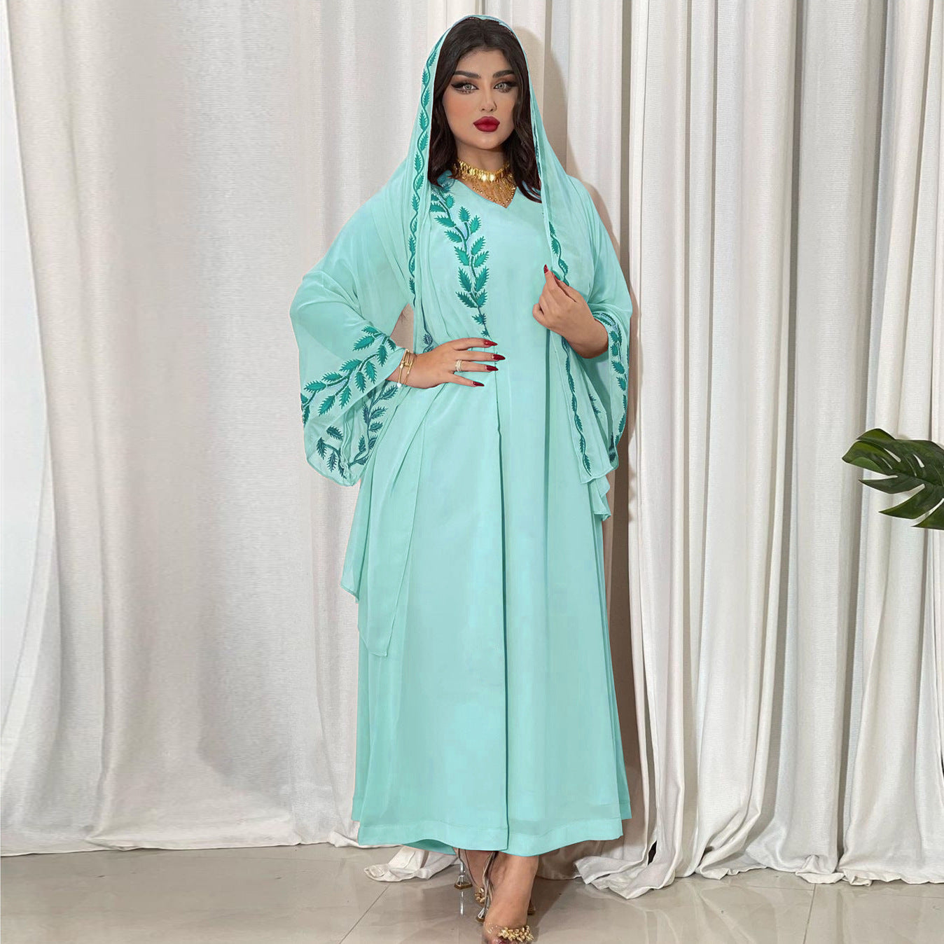 Eid Muslim Abaya for Women Embroidery Dress with Scarf 2 Piece Set Dubai Arab Long Robe Morocco Abayas Kaftan Headscarf Gorgeous