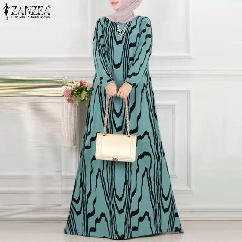 Women Vintage Long Sleeve Muslim Dress Abaya ZANZEA Bohemain Printed Sundress Fashion Robe Femme Elegant Loose Vestidos Kaftan