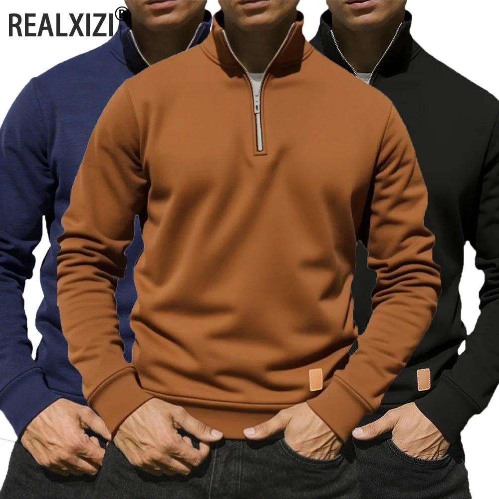 Men's Half Zipper Sweatshirts Long Sleeve Solid Color Pullover Turtleneck Streetwear Winter Warm Jacket Sport Coats