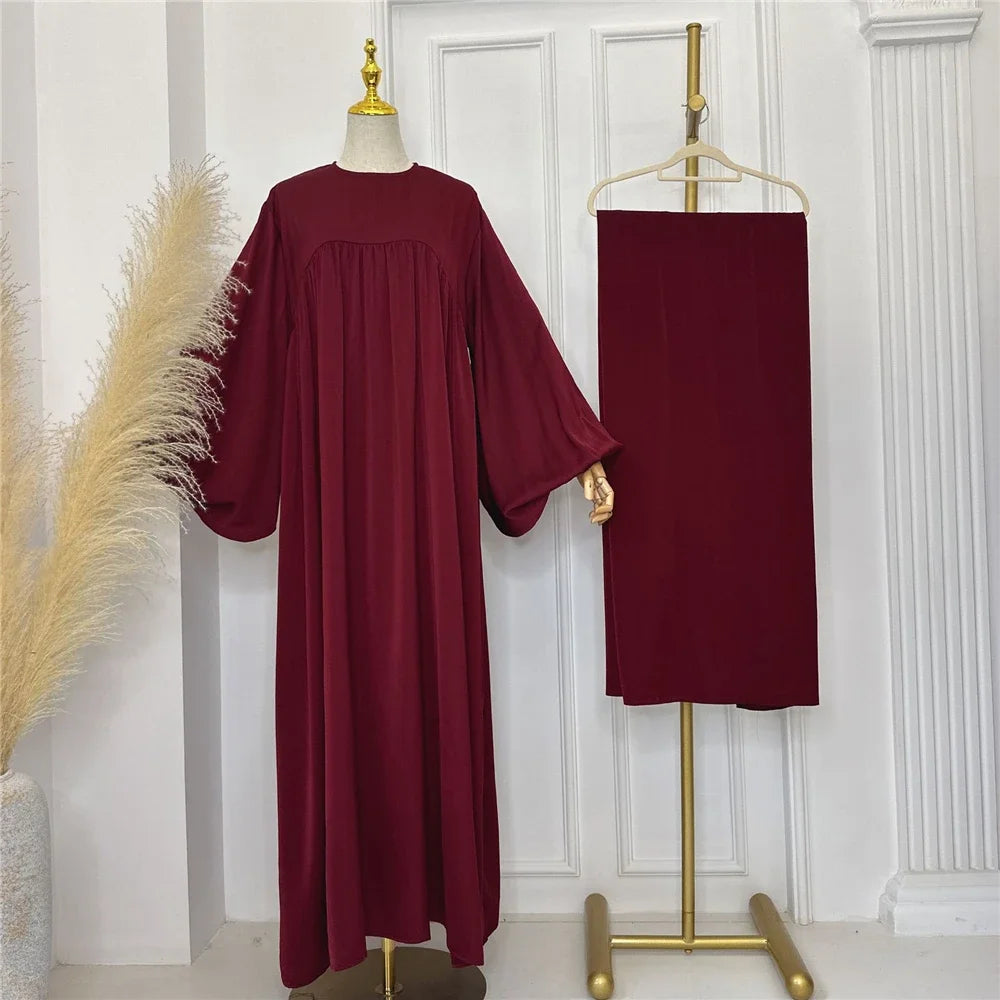 Plain Abaya Muslim Long Dress Women Eid Balloon Sleeve Islamic Robe with Scarf African Dresses Dubai Turkish Modesty Kaftan