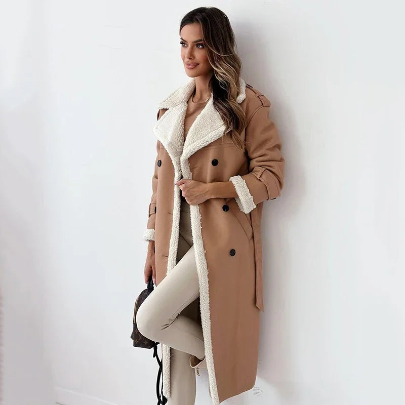 Winter New PU Coats Women Long Sleeve Solid Pocket Button Fashion Elegant Loose Straight Casual Commute Simple Female Coats