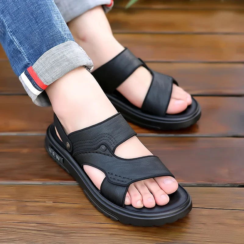 Men's Sandals Lightweight Non Slip Genuine Leather High Quality Casual Fashion Shoes Classic Black Beach Slippers for Men
