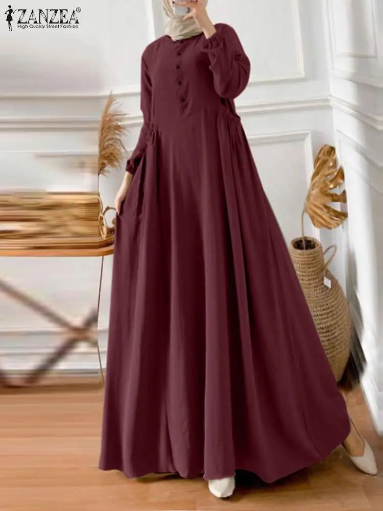 ZANZEA Elegant Long Sleeve Maxi Sundress Kaftan Fashion Muslim Turkey Dress Robe Femme Eid Mubarek Abaya Dubai Long Vestidos