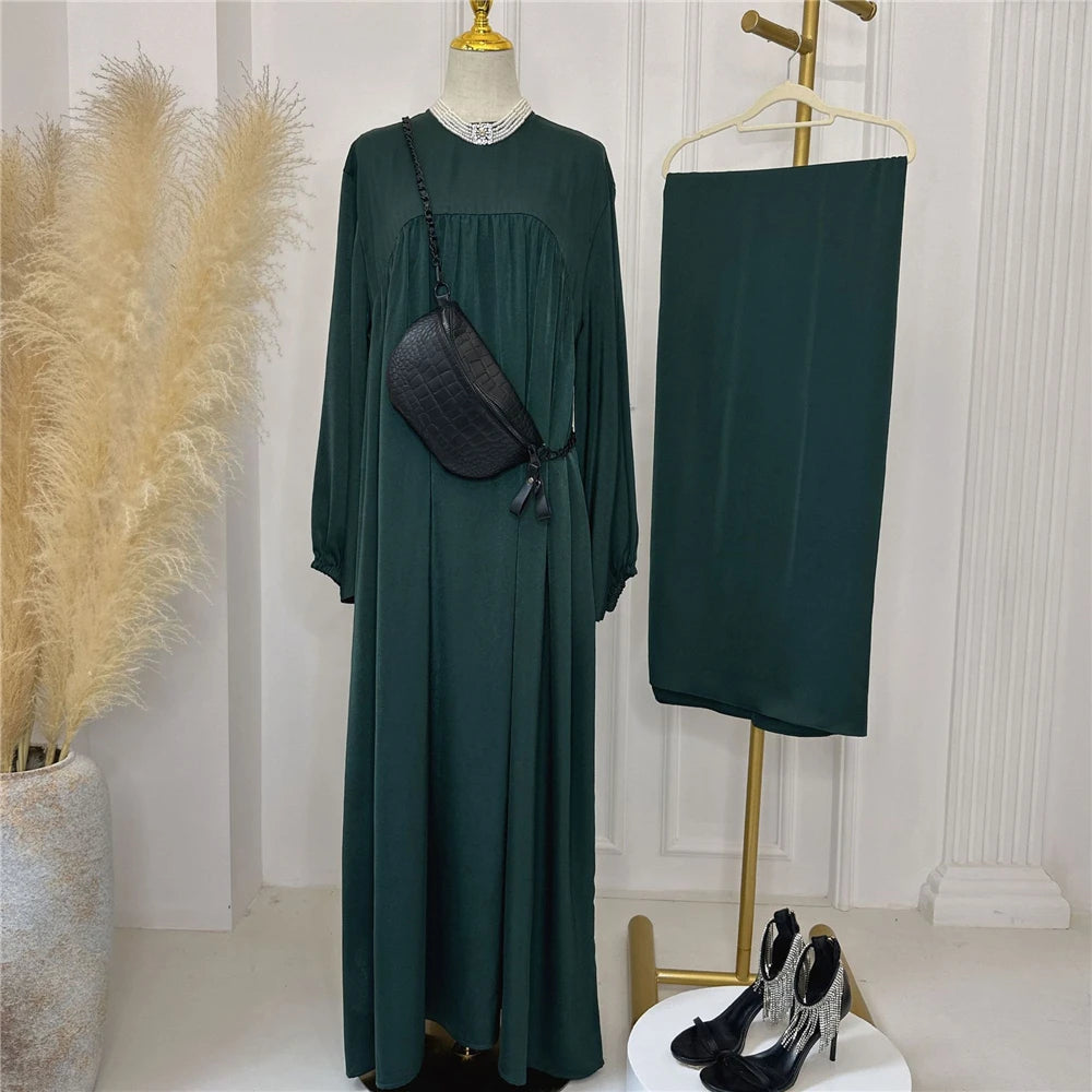 Plain Abaya Muslim Long Dress Women Eid Balloon Sleeve Islamic Robe with Scarf African Dresses Dubai Turkish Modesty Kaftan