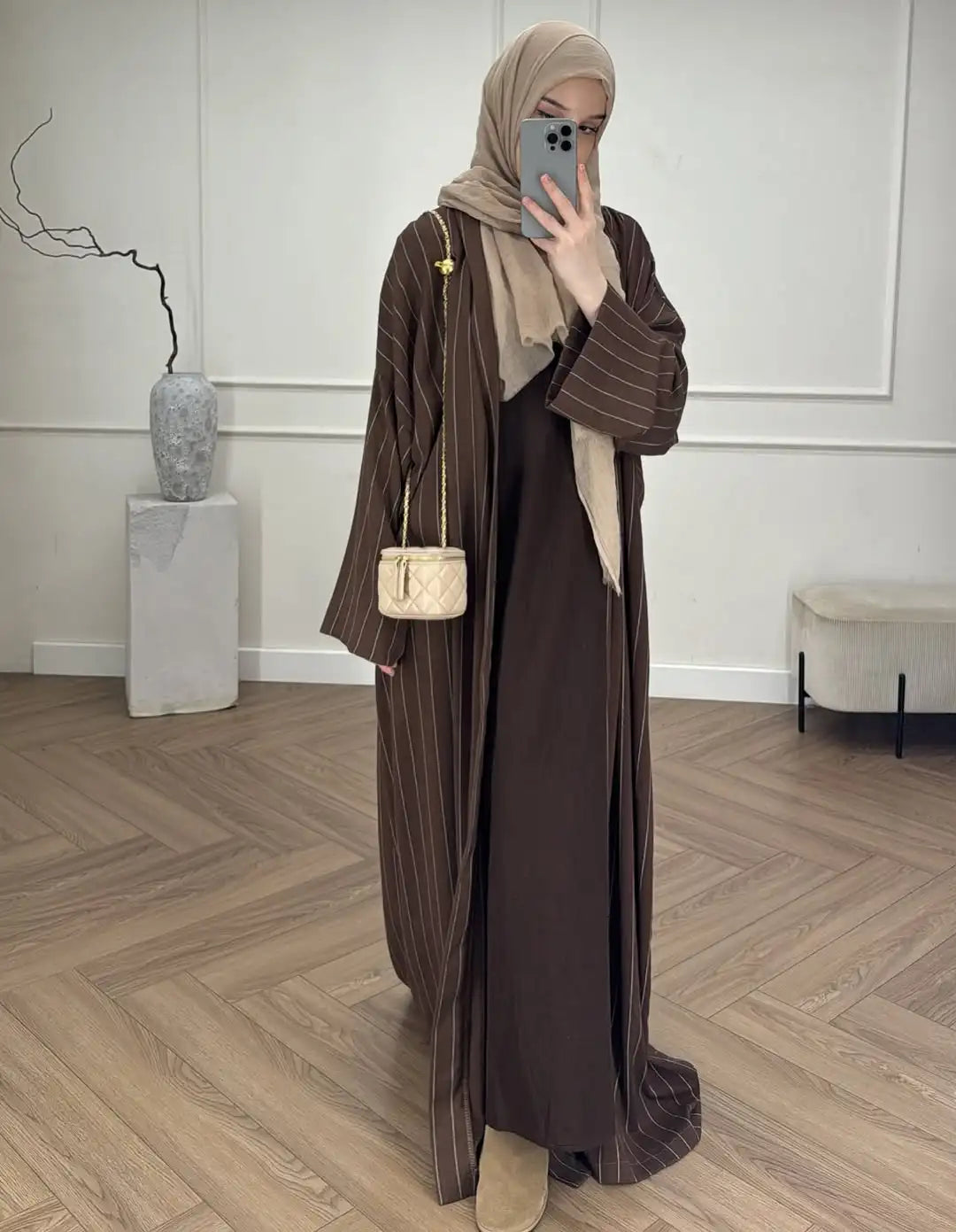 Middle Eastern Muslim Fashion Women's Long-Sleeved Loose Striped Cardigan Robe Abaya