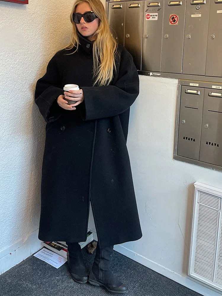 Fashion Women Woolen Long Coat Lapel Double Breasted Long Sleeve Overcoat 2025 Autumn Winter New High Street Lady Outerwear