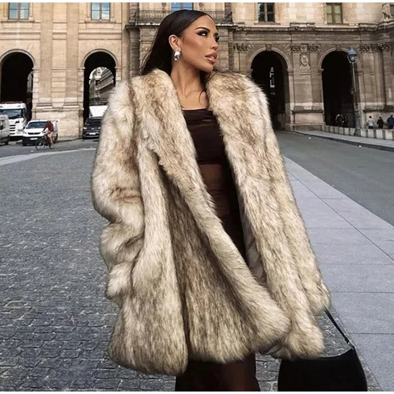 Winter Women Luxury Faux Fur Coats Fashion Long Sleeve Lapel High Street Oversize Jackets Chic New Thick Warm Ladies Outerwears