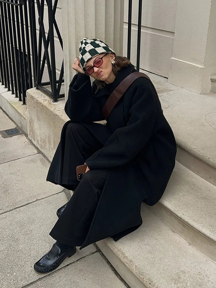 Fashion Women Woolen Long Coat Lapel Double Breasted Long Sleeve Overcoat 2025 Autumn Winter New High Street Lady Outerwear