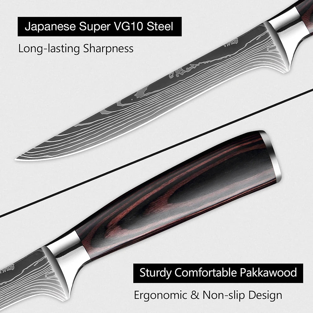 Kitchen Knife 6PCS Set Stainless Steel ,Includes Chef's Knife, Bread , Boning Knife, Fruit Knife, with Solid Wood Knife Holder