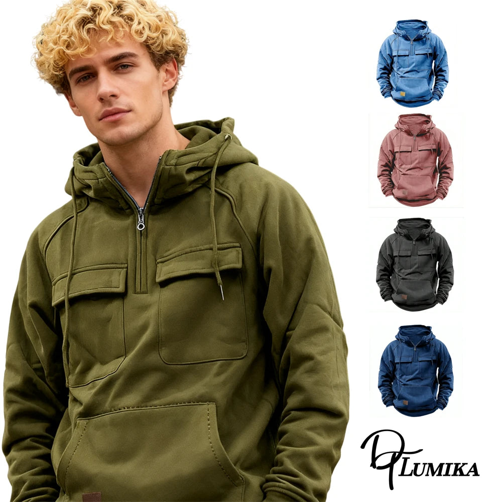 Men's Outdoor Fleece Hoodie, Half-Zip Pullover with Multiple Pockets, Casual Warm Sweatshirt for Hiking & Daily Wear