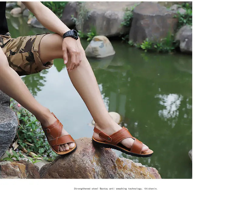 Men Sandals Summer Male Leather Sandals Classic Men Slippers Beach Shoes for Men Comfortable Walking Roman Sandalias Big Size 48