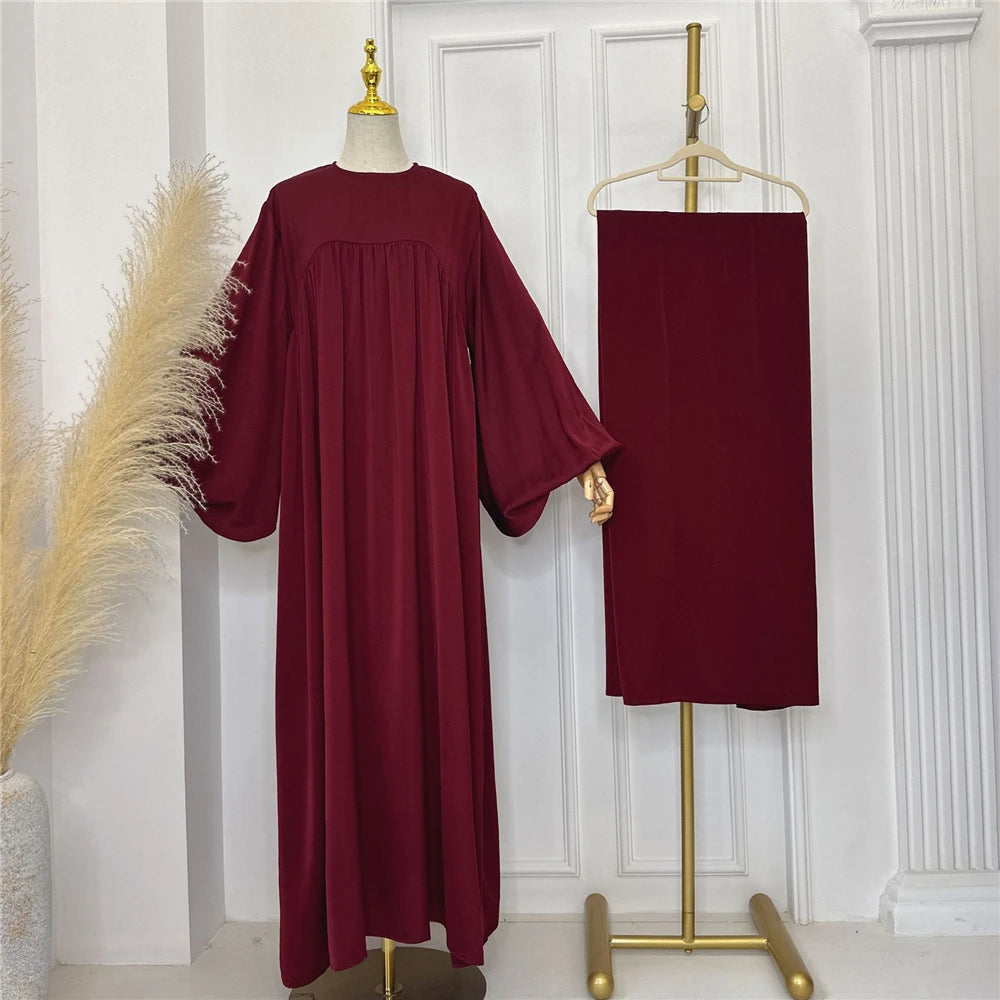 Plain Abaya Muslim Long Dress Women Eid Balloon Sleeve Islamic Robe with Scarf African Dresses Dubai Turkish Modesty Kaftan