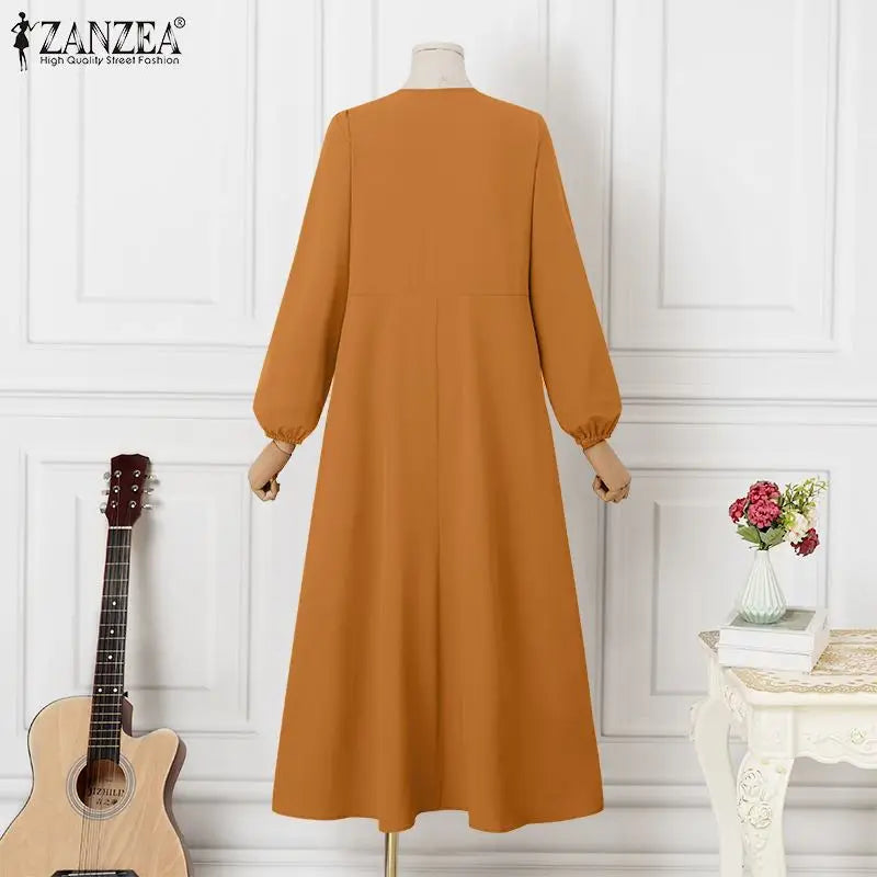 ZANZEA Elegant Long Sleeve Maxi Sundress Kaftan Fashion Muslim Turkey Dress Robe Femme Eid Mubarek Abaya Dubai Long Vestidos