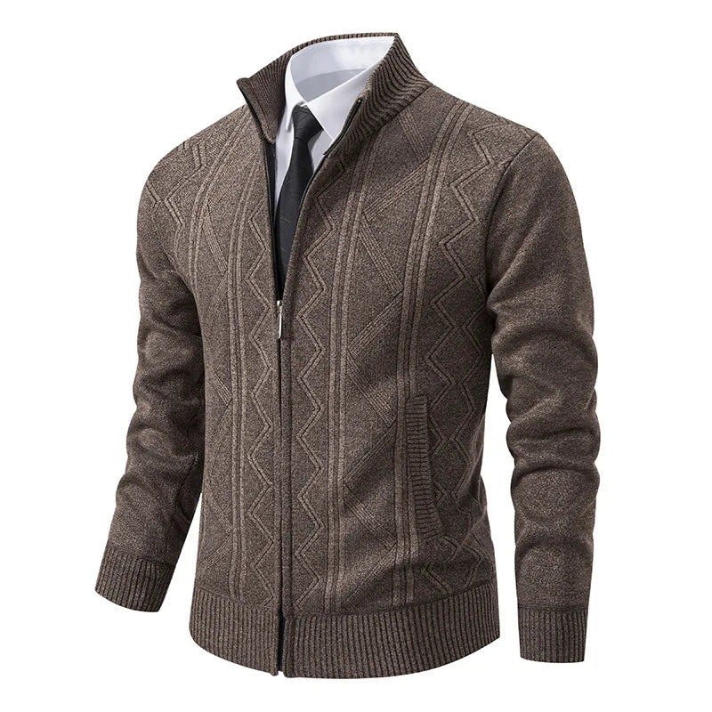New Autumn Winter Men's Fashion Zip Up Knitted Sweater Casual Thickened Stand Collar Cardigan Jacket Trendy Outerwear