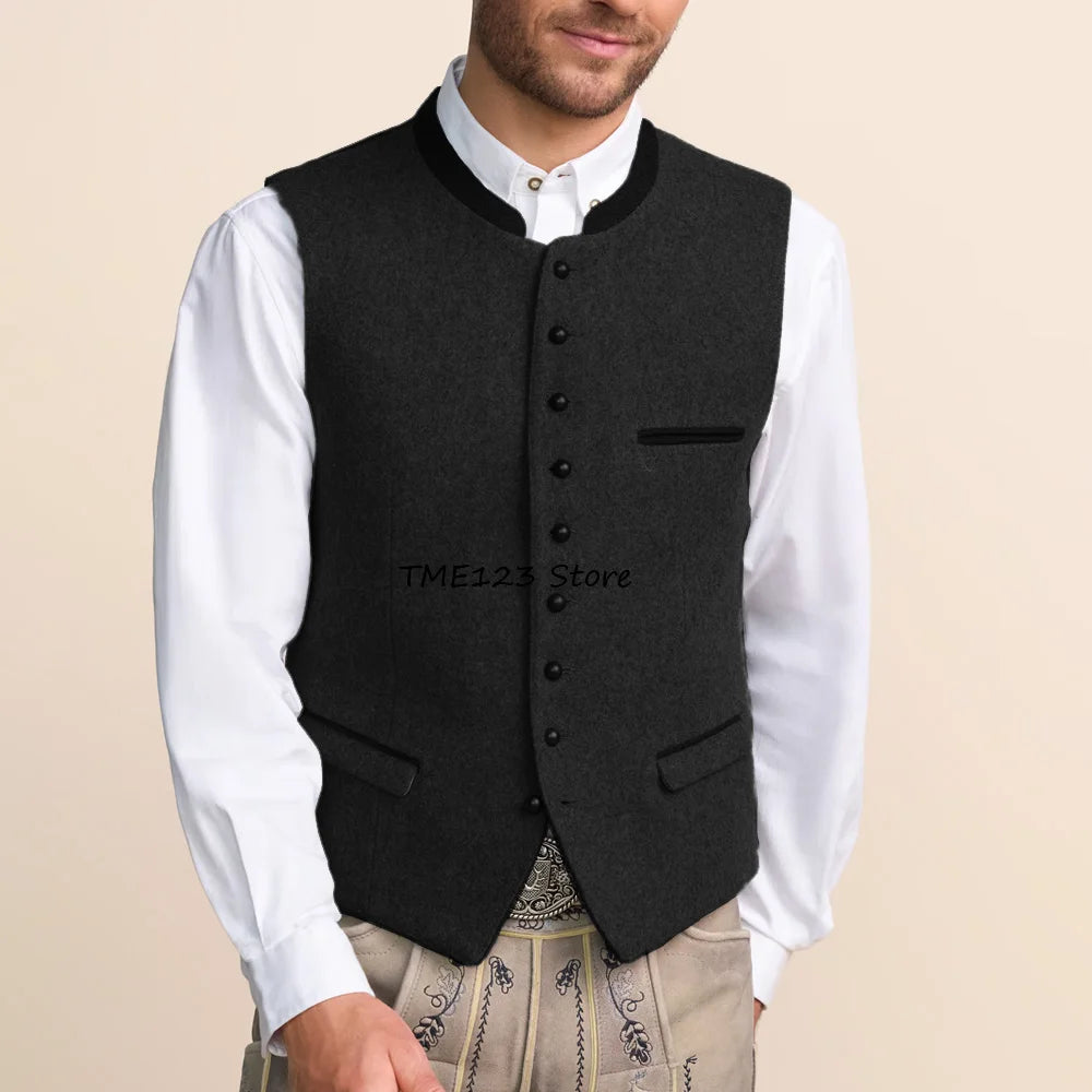 Men's Vest Single-breasted Stylish Stand-up Collar Fashion Suit Wool Fabric Flap Pockets Working Vintage Suits Blazer Clothing
