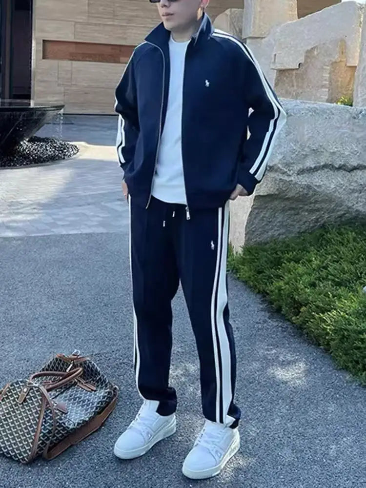 New Trendy Stand Up Collar Sports Suit Two-piece Men's Light Luxury Casual Fashion Striped Men's Suit