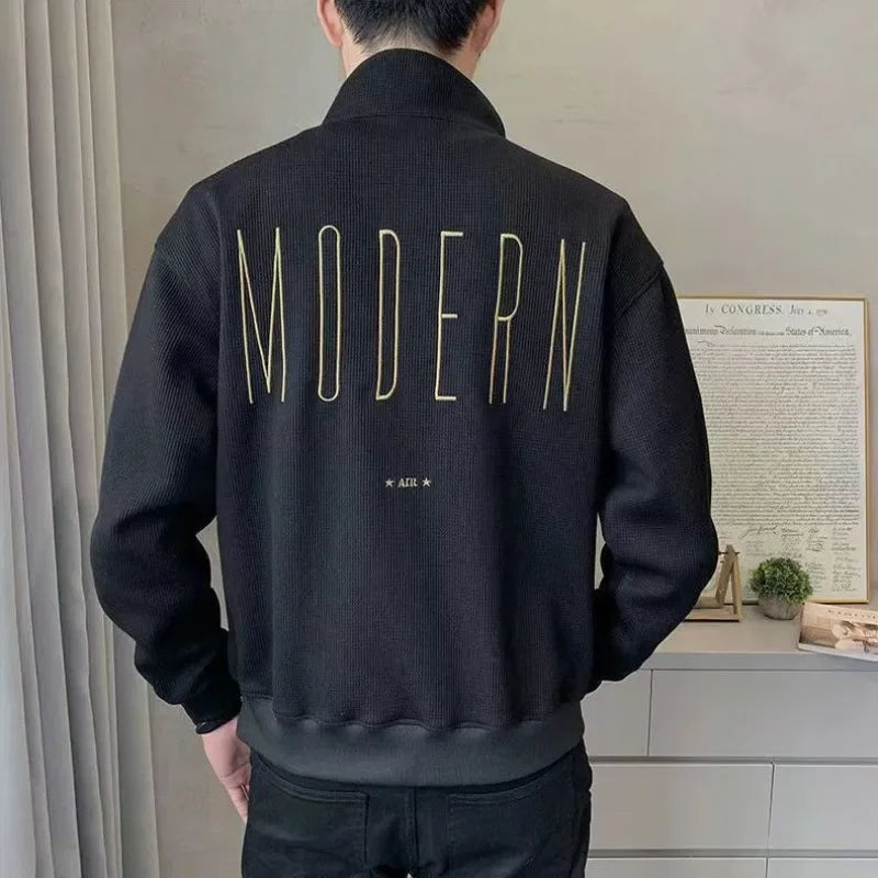 Sweatshirts for Man Pullover Top Full Zip Up Men's Clothing Embroidered Hoodieless Fleeced Black Cotton Harajuku Fashion Autumn