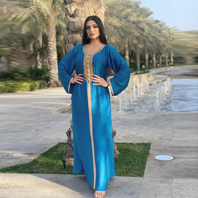 Eid Satin Abaya Dubai Jalabiya Muslim Dress Turkey Islam Robe Longue Djelaba Femme Musulman Dresses for Women Kaftan Marocain