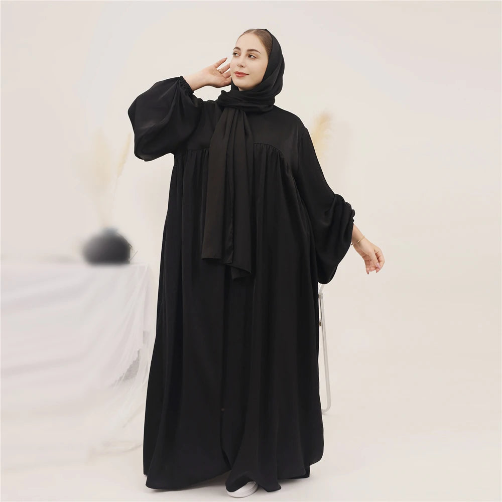 Plain Abaya Muslim Long Dress Women Eid Balloon Sleeve Islamic Robe with Scarf African Dresses Dubai Turkish Modesty Kaftan