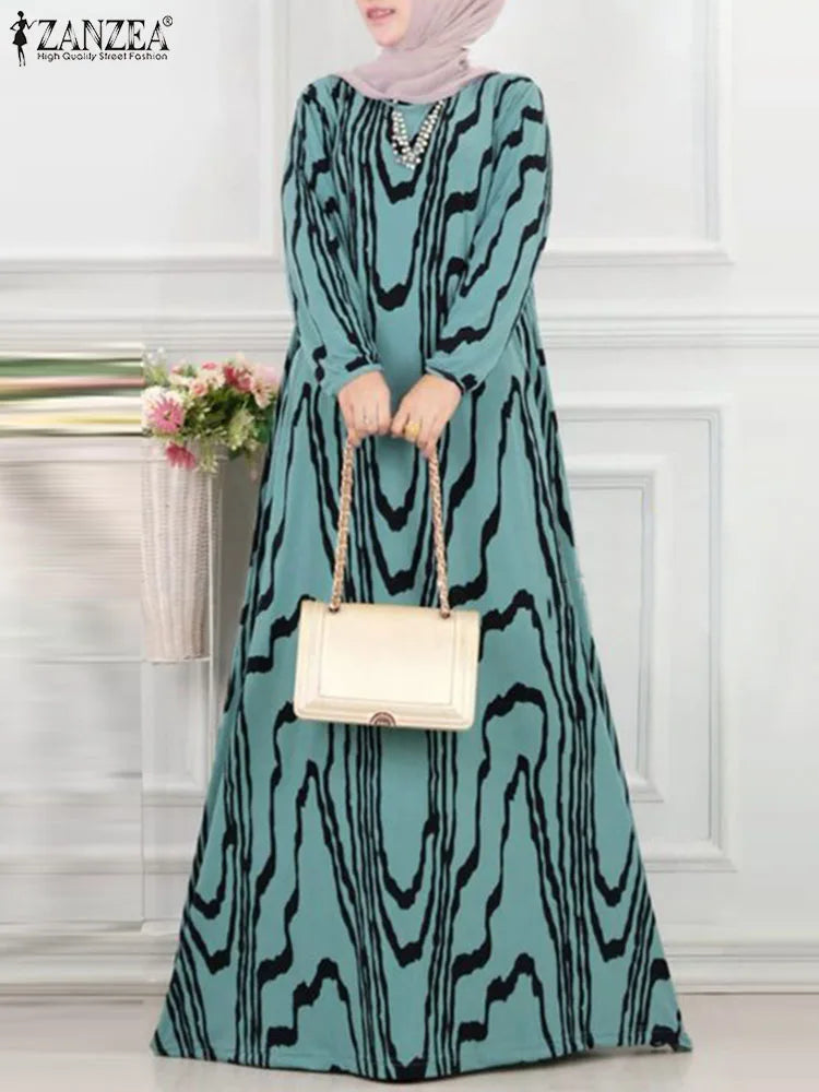 Women Vintage Long Sleeve Muslim Dress Abaya ZANZEA Bohemain Printed Sundress Fashion Robe Femme Elegant Loose Vestidos Kaftan