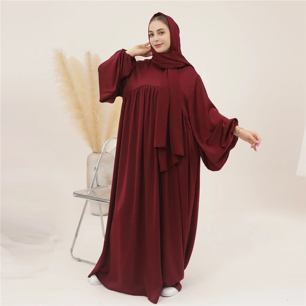 Plain Abaya Muslim Long Dress Women Eid Balloon Sleeve Islamic Robe with Scarf African Dresses Dubai Turkish Modesty Kaftan