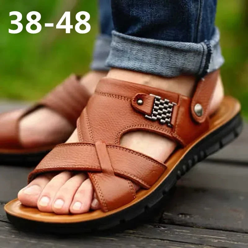 Men Sandals Summer Male Leather Sandals Classic Men Slippers Beach Shoes for Men Comfortable Walking Roman Sandalias Big Size 48
