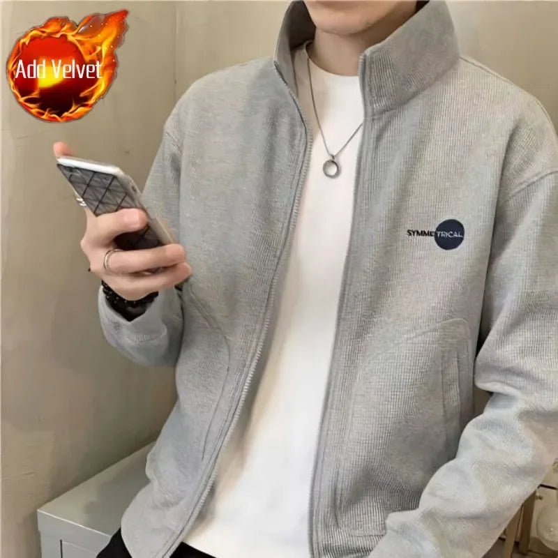 Sweatshirts for Man Pullover Top Full Zip Up Men's Clothing Embroidered Hoodieless Fleeced Black Cotton Harajuku Fashion Autumn