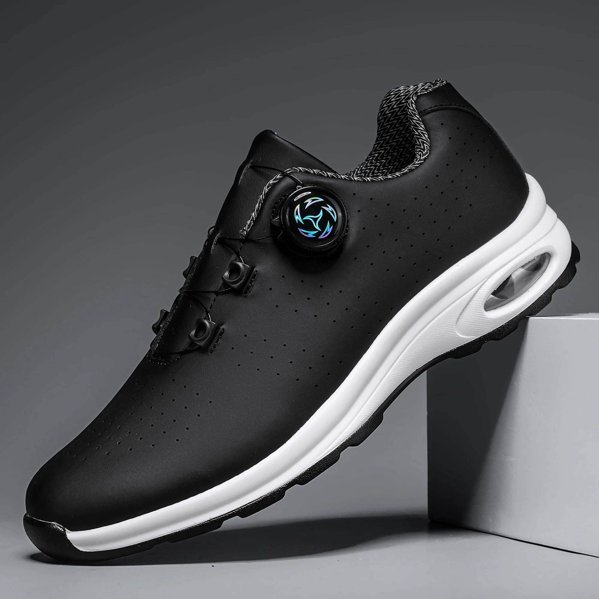 Men's Sports and Casual Shoes Summer New Fashionable and Comfortable Pu Leather Pure Color Upper Waterproof Breathable Hole Design Casual Shoes Men's Spiral Buckle Lace up Comfortable Elastic Adjustment Versatile Simple Men's