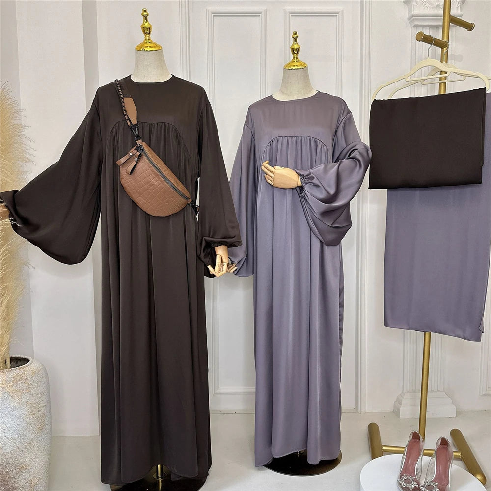 Plain Abaya Muslim Long Dress Women Eid Balloon Sleeve Islamic Robe with Scarf African Dresses Dubai Turkish Modesty Kaftan