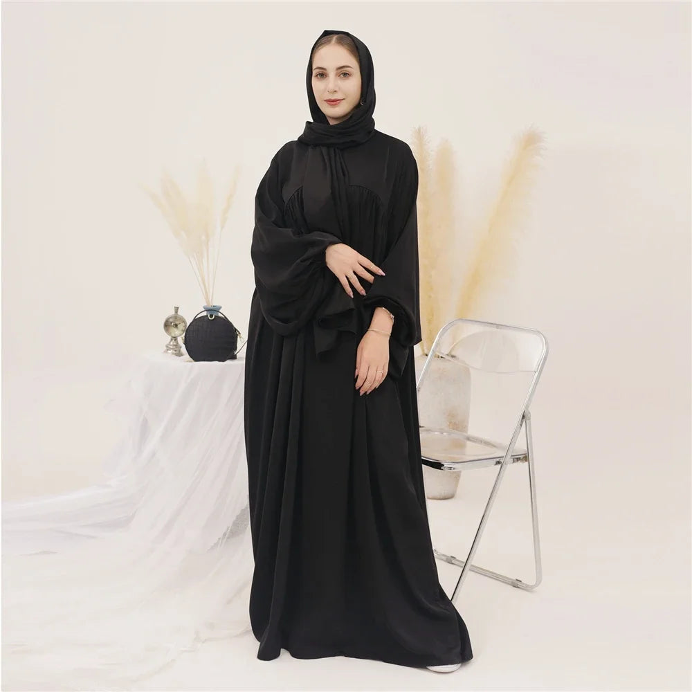 Plain Abaya Muslim Long Dress Women Eid Balloon Sleeve Islamic Robe with Scarf African Dresses Dubai Turkish Modesty Kaftan