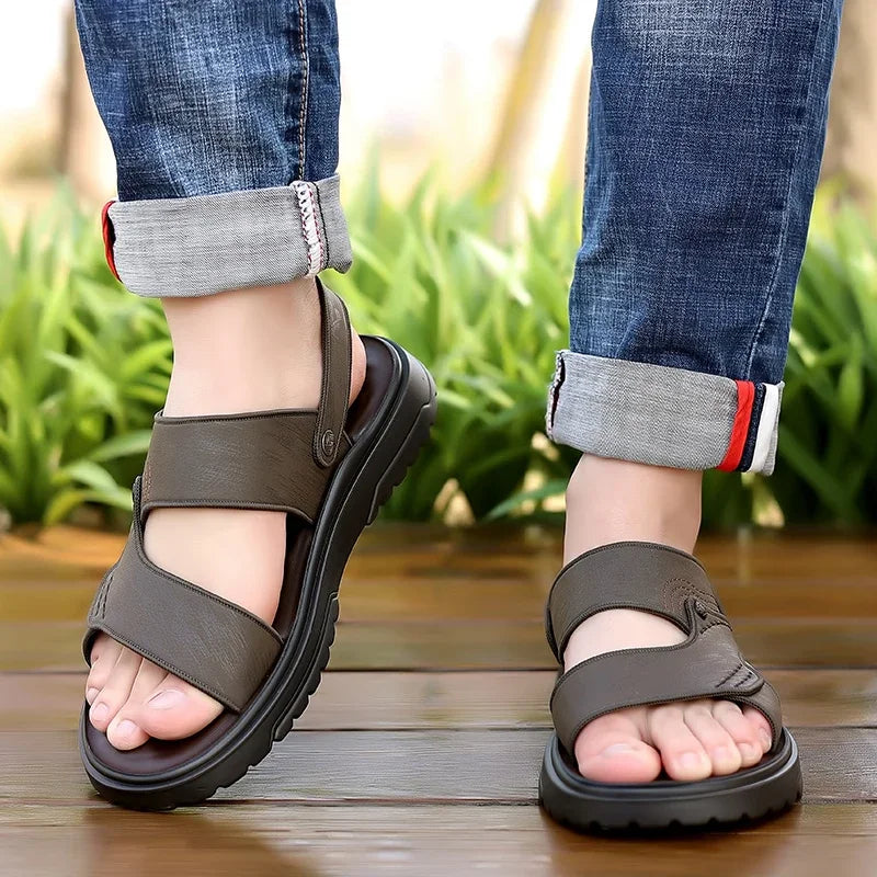 Men's Sandals Lightweight Non Slip Genuine Leather High Quality Casual Fashion Shoes Classic Black Beach Slippers for Men