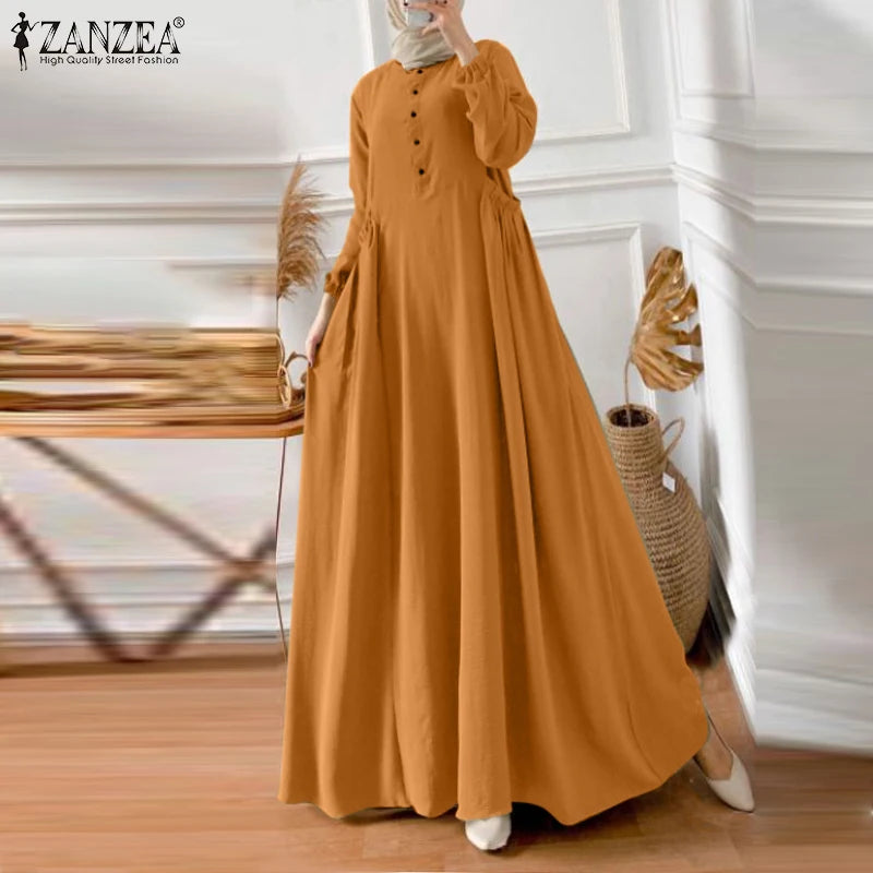 ZANZEA Elegant Long Sleeve Maxi Sundress Kaftan Fashion Muslim Turkey Dress Robe Femme Eid Mubarek Abaya Dubai Long Vestidos
