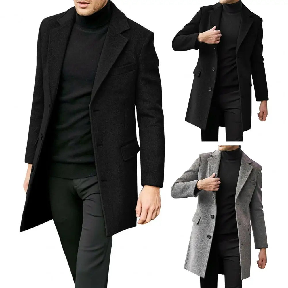 Classic Button-breasted Coat Stylish Men's Winter Suit Coat with Lapel Flap Pockets Single-breasted Mid-length Warm for Cold
