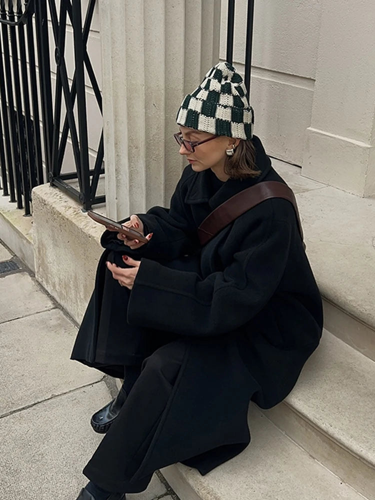 Fashion Women Woolen Long Coat Lapel Double Breasted Long Sleeve Overcoat 2025 Autumn Winter New High Street Lady Outerwear