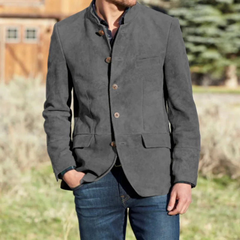 Suit For Men's Autumn Winter New 2022 Stand Collar Solid Color Single Row Five Button Suede Warm British Style Handsome Jacket