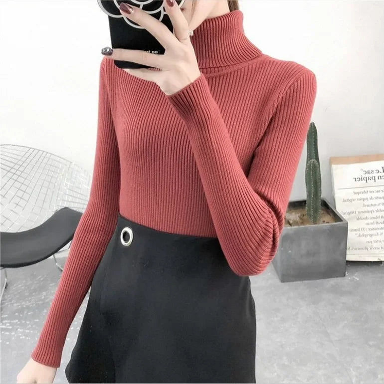 Elegant Turtleneck Women's Sweater Autumn Winter Pullover Slim Bottoming Knitted Tops Casual Long Sleeve Jumper Pull Femme
